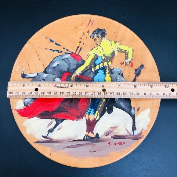 Mid Century Spanish Matador Painting Wooden Plate Wall Hanging Artist signed - Picture 11 of 11